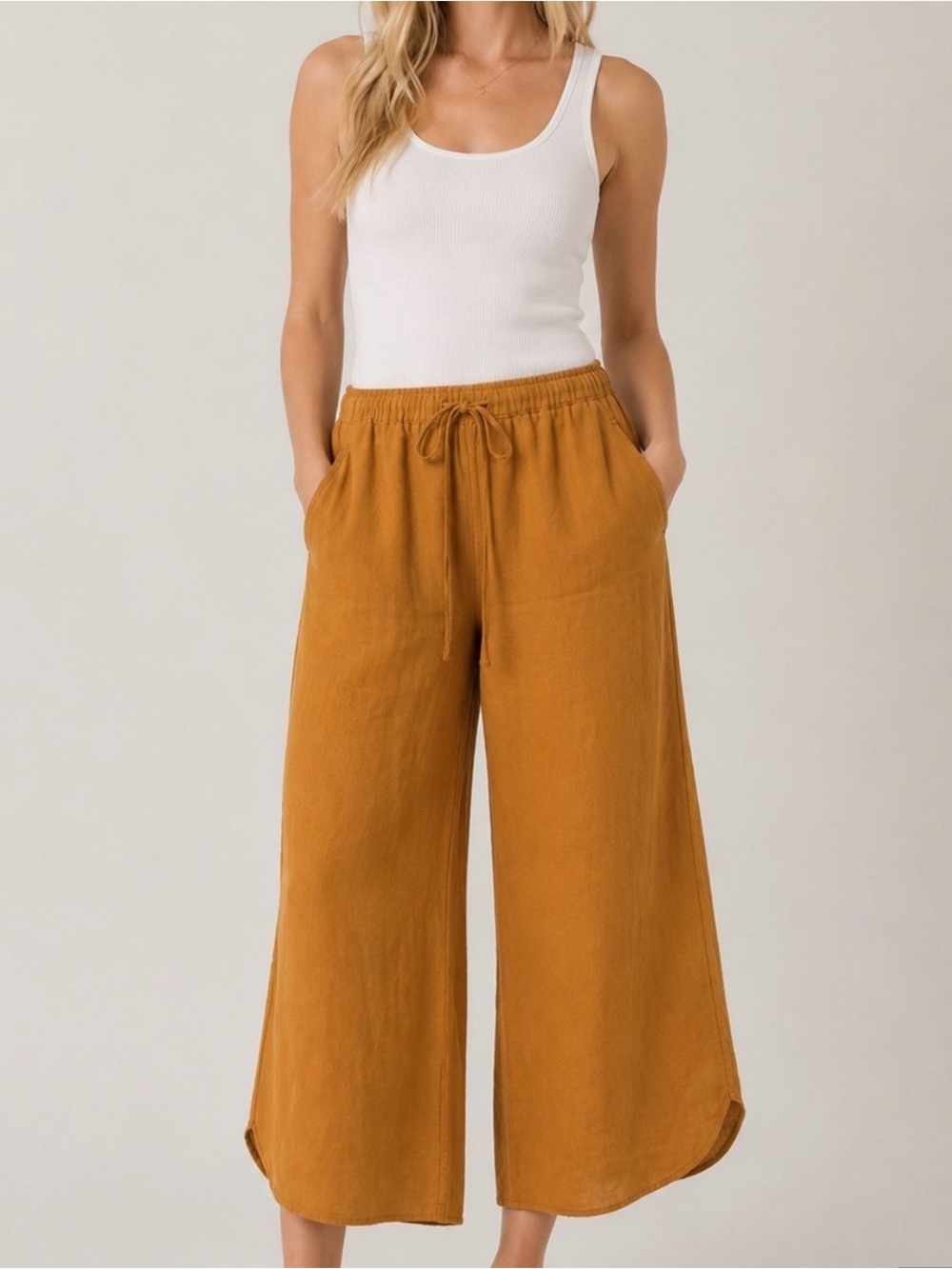 Outerknown Wide Leg Linen Crop Pants in Mustard